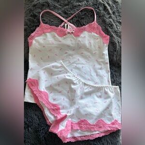 Brazilian Pink and White Lace Trim Sleepwear Set